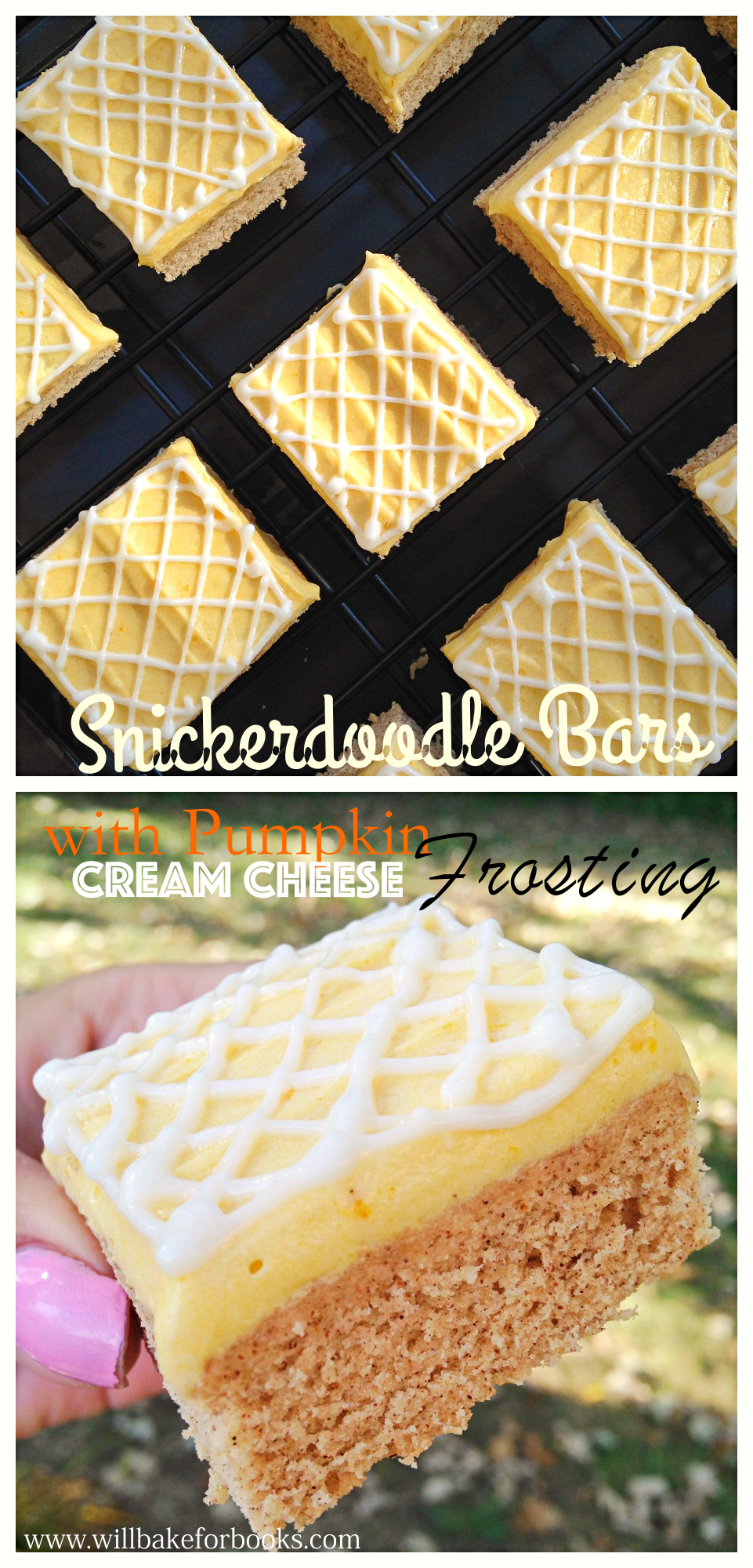 Snickerdoodle Cookie Bars with Pumpkin Cream Cheese Frosting | www.willbakeforbooks.com