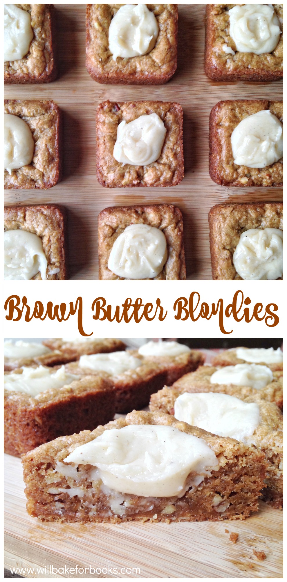 Brown Butter Blondies with Brown Butter Frosting on willbakeforbooks.com