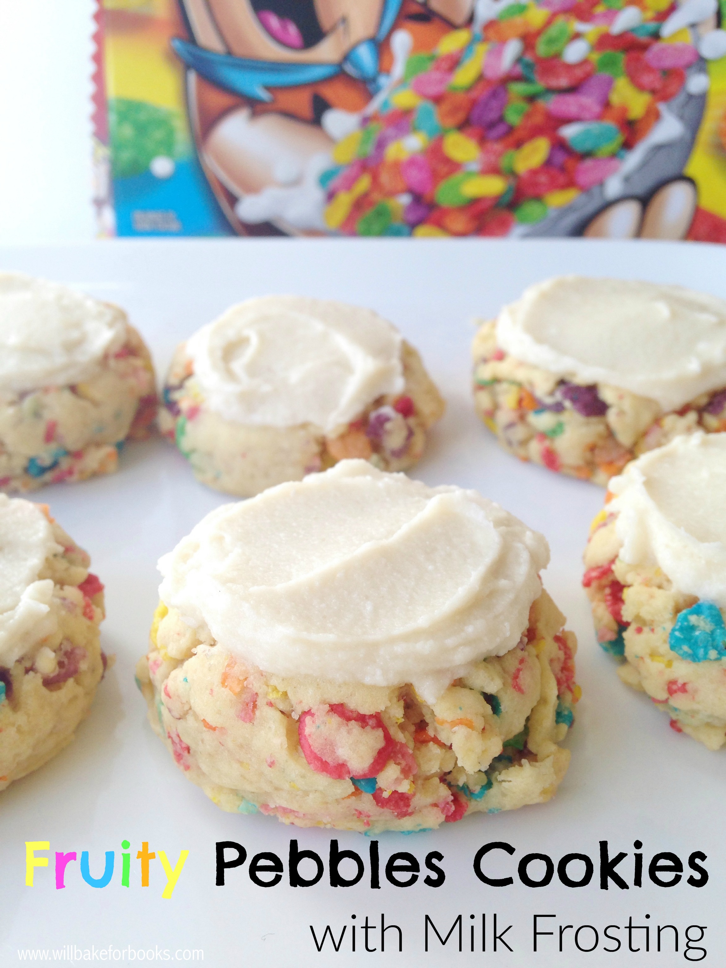Fruity Pebbles Cookies with Milk Frosting on www.willbakeforbooks.com