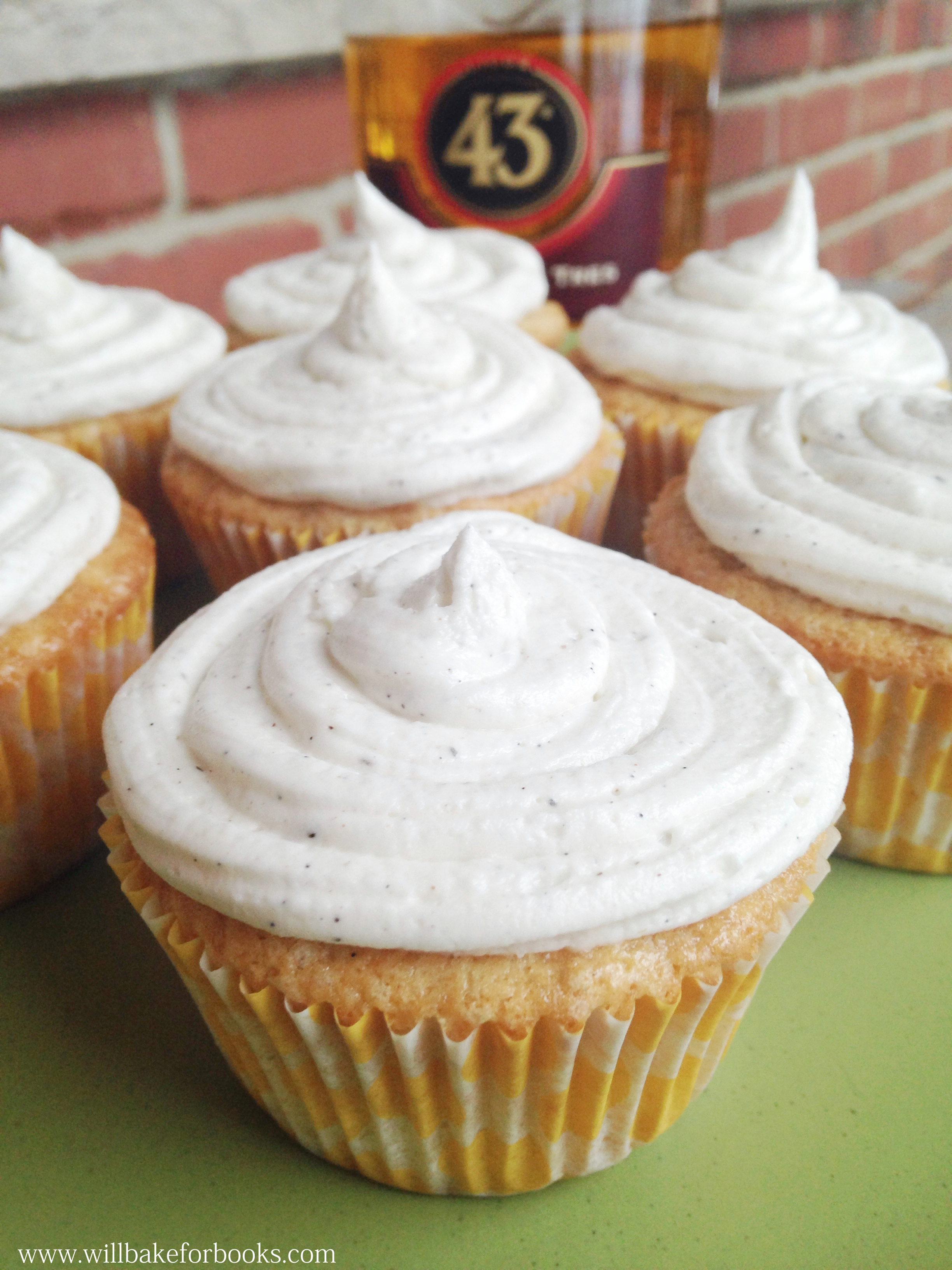 Licor 43 Cupcakes | Vanilla cupcakes brushed with a vanilla and citrus liquor and frosting! Found on willbakeforbooks.com